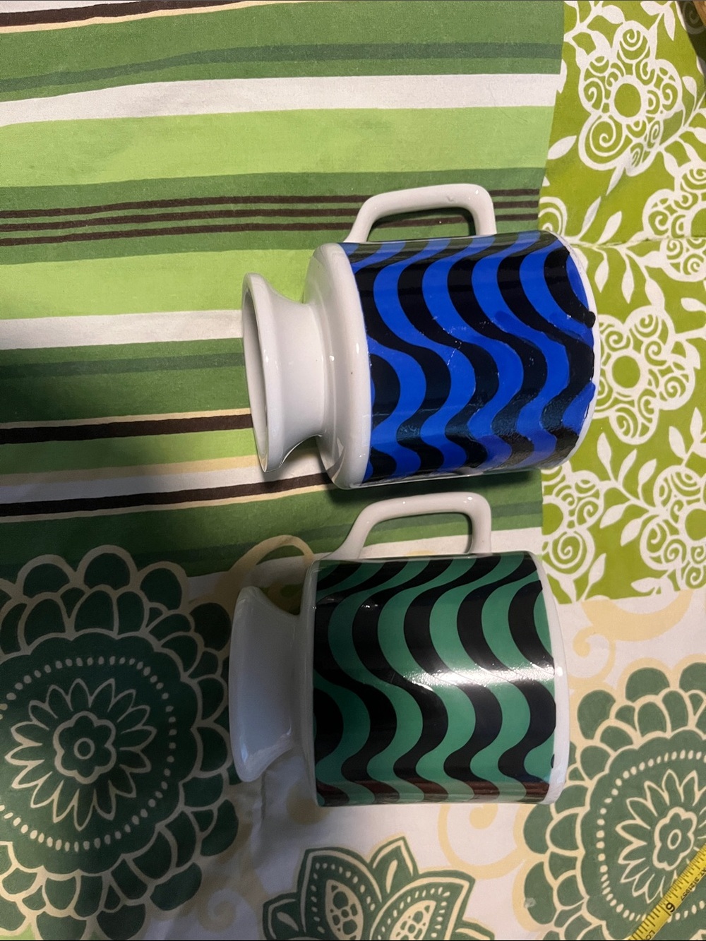 Set of Two Ceramic Wave Pattern Mugs - Blue & Green